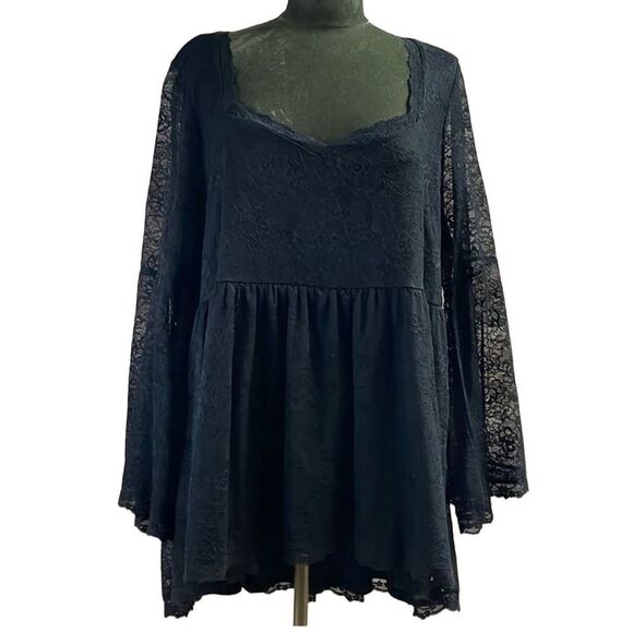 TORRID Womens Plus Size Black Lace BabyDoll Flare Long Sleeves Blouse Size 3 - Picture 2 of 11